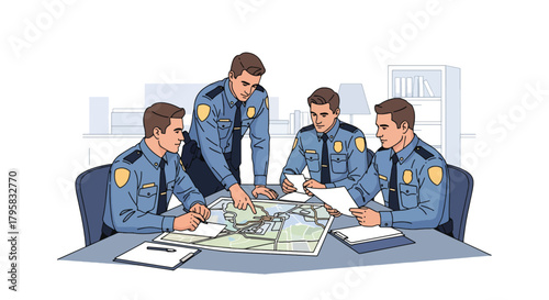 Flat vector illustration of officers gathered around table reviewing maps and documents. Solid colors, clean meeting room layout, no gradients, teamwork and strategy concept