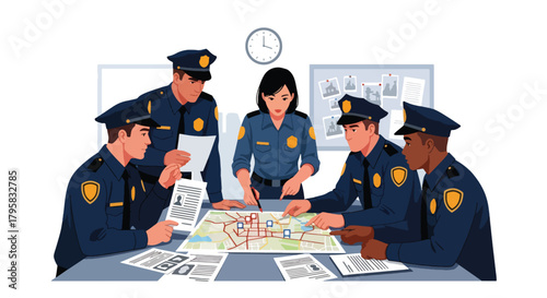 Flat vector illustration of officers gathered around table reviewing maps and documents. Solid colors, clean meeting room layout, no gradients, teamwork and strategy concept