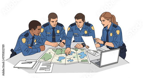 Flat vector illustration of officers gathered around table reviewing maps and documents. Solid colors, clean meeting room layout, no gradients, teamwork and strategy concept