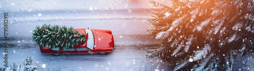 Aerial view of Christmas decorated car carrying Christmas tree on the road in a winter forest covered with snow in snowfall. Concept of Christmas transportation, shipping and delivery.