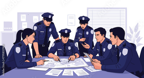 Flat vector illustration of officers gathered around table reviewing maps and documents. Solid colors, clean meeting room layout, no gradients, teamwork and strategy concept