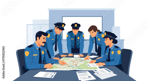 Flat vector illustration of officers gathered around table reviewing maps and documents. Solid colors, clean meeting room layout, no gradients, teamwork and strategy concept