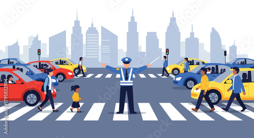 Flat vector illustration of traffic officer directing vehicles and pedestrians at busy intersection. Solid bold colors, clean urban setting, no gradients, public safety theme