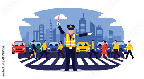 Flat vector illustration of traffic officer directing vehicles and pedestrians at busy intersection. Solid bold colors, clean urban setting, no gradients, public safety theme