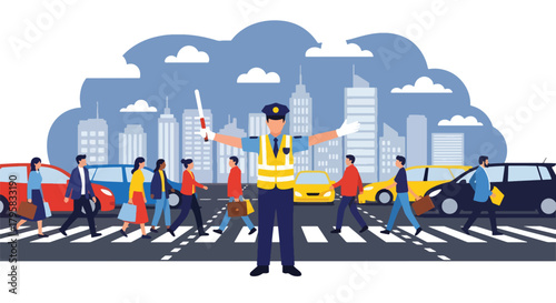 Flat vector illustration of traffic officer directing vehicles and pedestrians at busy intersection. Solid bold colors, clean urban setting, no gradients, public safety theme