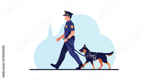 Flat vector illustration of police officer patrolling with trained K9 dog. Solid tones, minimal background, no gradients, partnership and safety concept in law enforcement