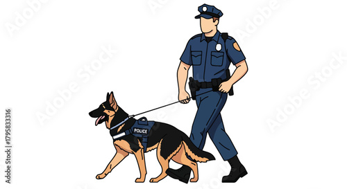 Flat vector illustration of police officer patrolling with trained K9 dog. Solid tones, minimal background, no gradients, partnership and safety concept in law enforcement