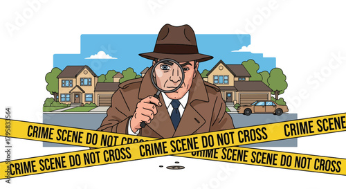 Flat vector illustration of detective examining evidence with magnifying glass near police tape. Solid warm palette, clean composition, no gradients, investigation scene concept
