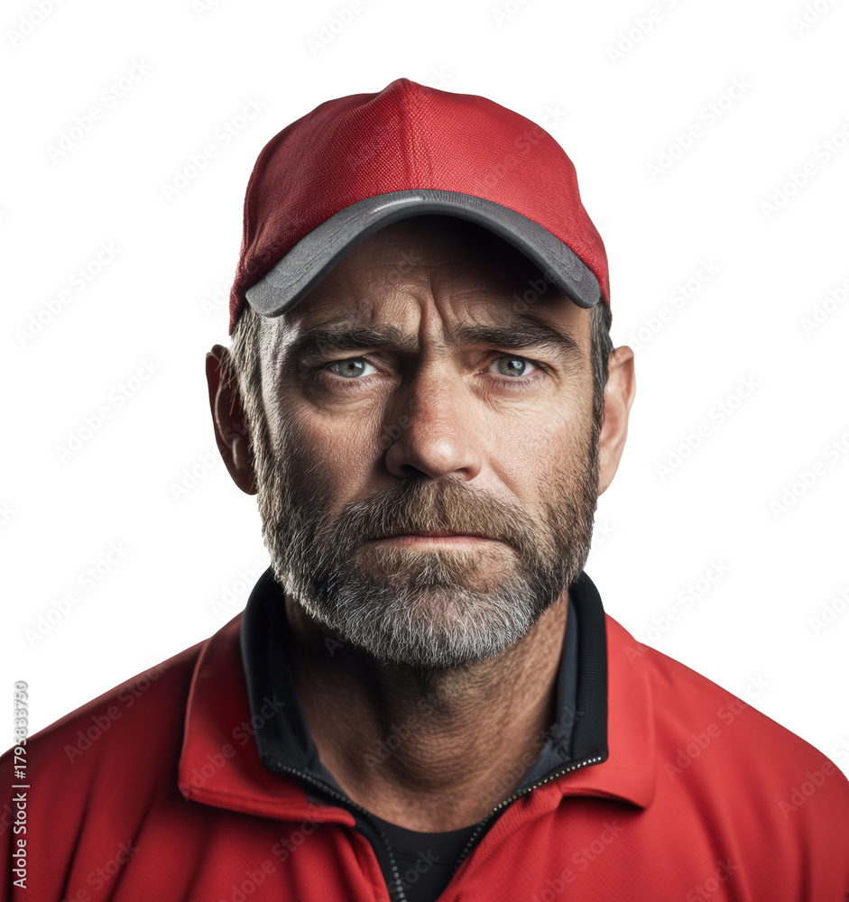Fototapeta premium Serious man in red uniform with cap, on Transparent Background
