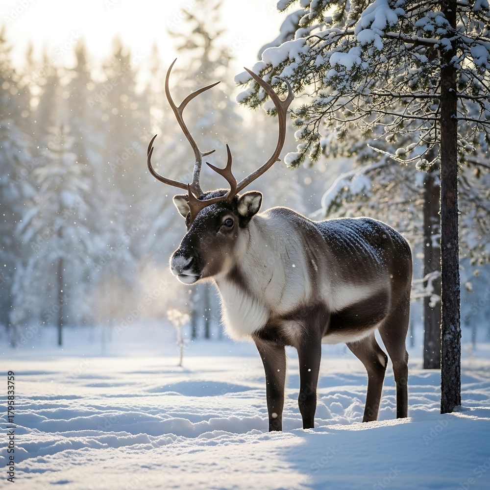 Obraz premium A majestic reindeer stands in a snow-covered forest, steam rising from its breath. Sunlight filters through trees