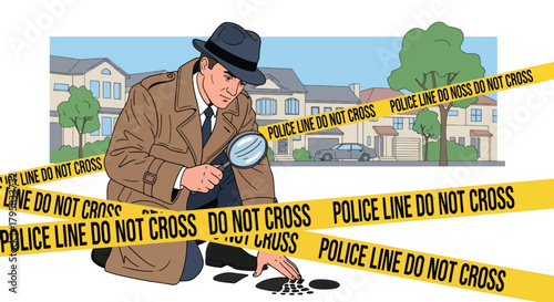 Flat vector illustration of detective examining evidence with magnifying glass near police tape. Solid warm palette, clean composition, no gradients, investigation scene concept