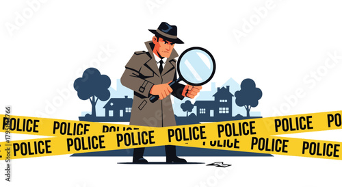Flat vector illustration of detective examining evidence with magnifying glass near police tape. Solid warm palette, clean composition, no gradients, investigation scene concept