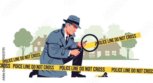 Flat vector illustration of detective examining evidence with magnifying glass near police tape. Solid warm palette, clean composition, no gradients, investigation scene concept