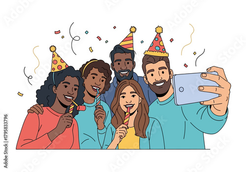 Diverse Group Celebrating with Party Favors and Taking a Selfie