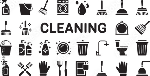 cleaning icons set grid black and white cleaning symbols