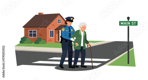 Flat vector illustration of police officer assisting elderly citizen crossing city street. Solid pastel tones, no gradients, friendly community safety concept in law enforcement