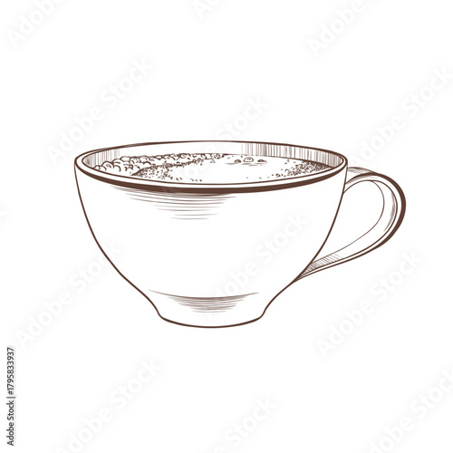 Classic wide porcelain cup with Americano coffee and light foam,elegant handle as a piece of kitchen utensils and symbol of coffee drinking,celebration or just a break.Vector illustration in line art