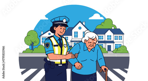 Flat vector illustration of police officer assisting elderly citizen crossing city street. Solid pastel tones, no gradients, friendly community safety concept in law enforcement