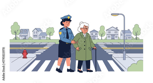 Flat vector illustration of police officer assisting elderly citizen crossing city street. Solid pastel tones, no gradients, friendly community safety concept in law enforcement