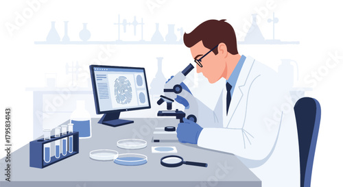 Flat vector illustration of forensic expert analyzing fingerprint samples in lab. Solid clean tones, no gradients, detailed investigation and scientific law enforcement concept
