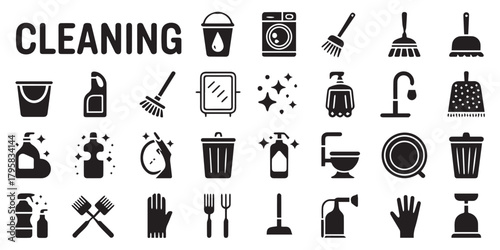 cleaning household maintenance icons spray mop bucket brush