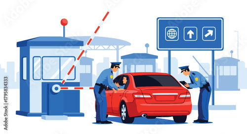 Flat vector illustration of officers checking vehicle at border checkpoint. Solid bold palette, clean layout, no gradients, travel safety and security inspection theme