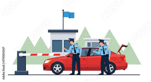 Flat vector illustration of officers checking vehicle at border checkpoint. Solid bold palette, clean layout, no gradients, travel safety and security inspection theme