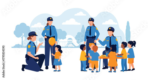 Flat vector illustration of police officers interacting with children at park outreach event. Solid bright palette, no gradients, community trust and safety promotion theme