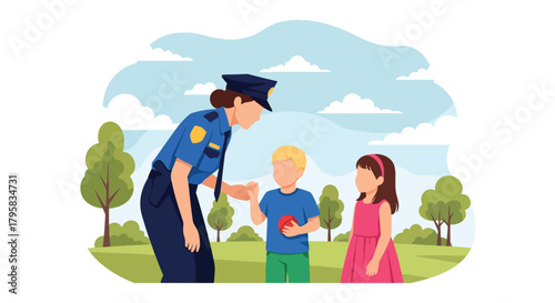Flat vector illustration of police officers interacting with children at park outreach event. Solid bright palette, no gradients, community trust and safety promotion theme