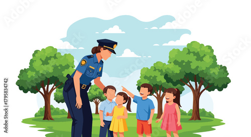 Flat vector illustration of police officers interacting with children at park outreach event. Solid bright palette, no gradients, community trust and safety promotion theme