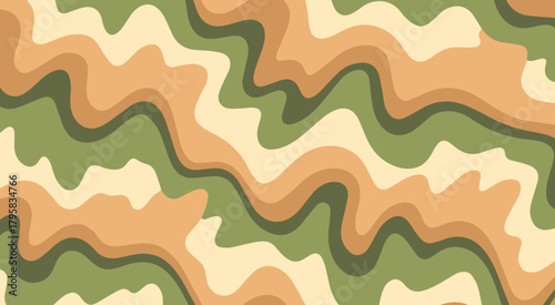 Abstract wavy camouflage seamless vector pattern with beige brown and green tones, modern fluid military-inspired background for textiles fashion packaging decor