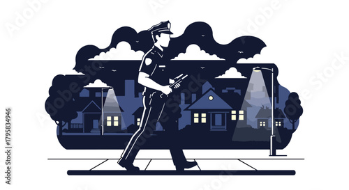 Flat vector illustration of police officer walking under streetlights during night patrol. Solid dark palette, clean composition, no gradients, urban law enforcement scene