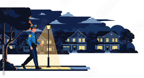 Flat vector illustration of police officer walking under streetlights during night patrol. Solid dark palette, clean composition, no gradients, urban law enforcement scene