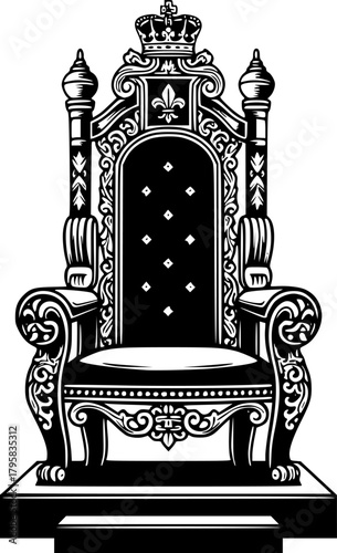 Royal Throne in Black and White: Ornate illustration of a regal throne set on a white background.
