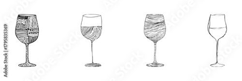 Wine Glasses Line Icon Set In Doodle Style. Elegant Drinkware, Wine Tasting, And Beverage Presentation Outline Sketch Collection. Hand Drawn Isolated Vector Illustration
