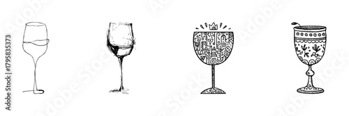 Wine Glasses Line Icon Set In Doodle Style. Elegant Drinkware, Celebration, And Beverage Outline Sketch Collection. Hand Drawn Isolated Vector Illustration