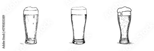 Three Beer Glasses Line Icon Set In Doodle Style. Craft Beer, Brewing, And Beverage Illustration Outline Sketch Collection. Hand Drawn Isolated Vector Illustration