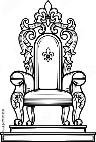 Royal Throne in Black and White: Ornate illustration of a regal throne set on a white background.
