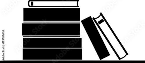 Minimalist black and white illustration depicting stack of books on a shelf, with one book leaning.
