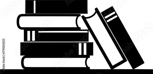 Minimalist black and white illustration depicting stack of books on a shelf, with one book leaning.
