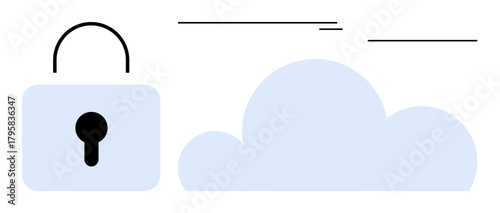 Padlock near a cloud emphasizes data security, encryption, and cloud computing. Ideal for cybersecurity, IT infrastructure, privacy compliance, digital transformation, online safety, technology
