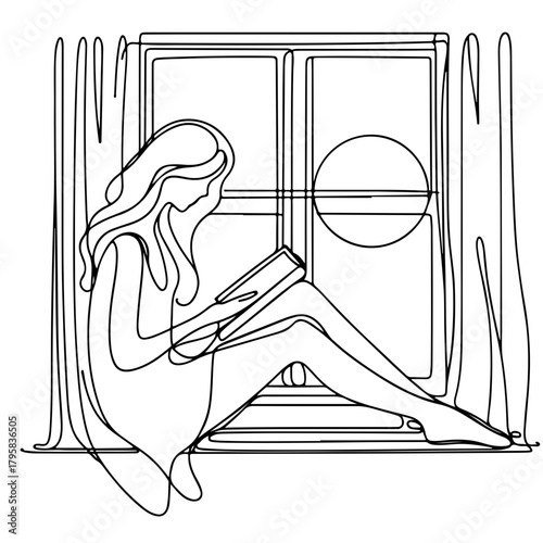 Woman reading sitting on the windowsill at night window single line illustration