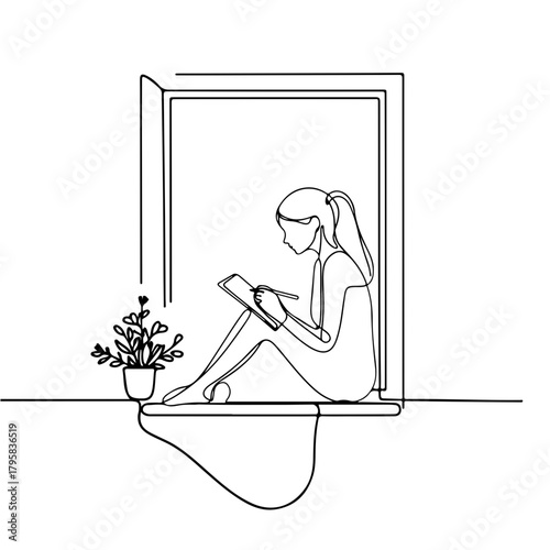 Girl drawing on windowsill minimalist one line illustration