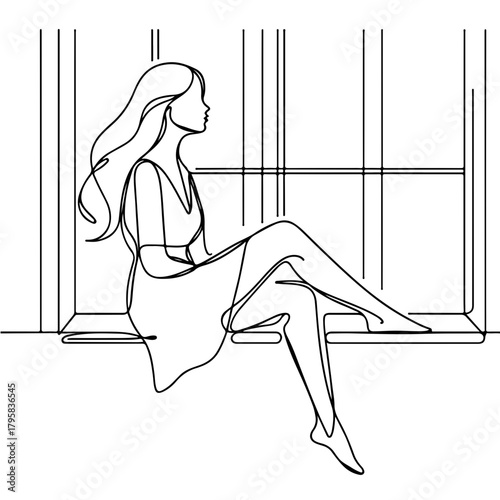 A woman sits by a bright window with one leg dangling over the windowsill, single line illustration