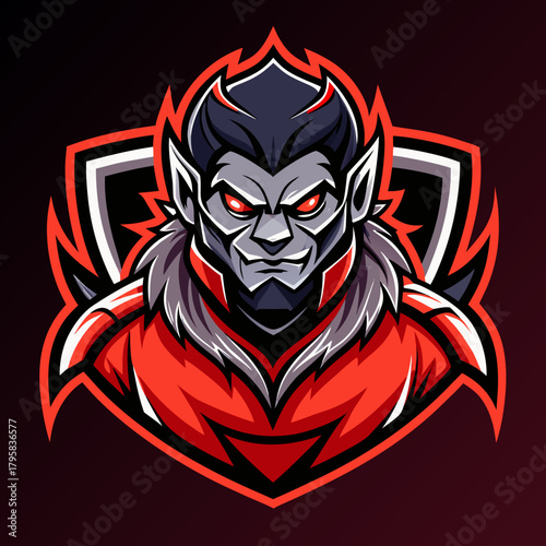 Fierce vampire character mascot with red eyes and armor