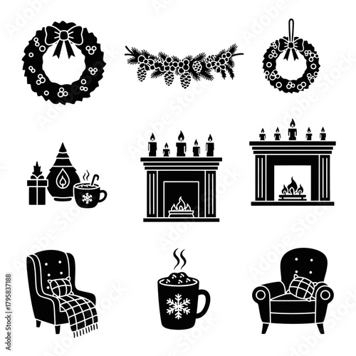 Christmas icon set featuring wreaths, gifts, and cozy elements