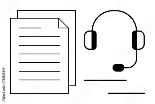 Headset with microphone beside lined documents. Ideal for customer service, communication, tech support, online learning, training, documentation, and remote assistance. Simple flat metaphor