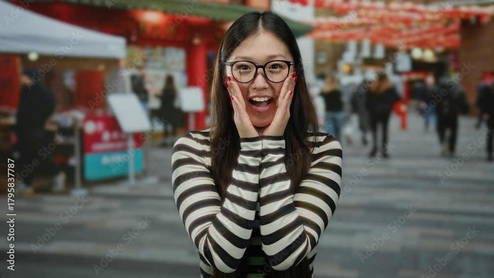 Fototapeta premium Woman with glasses on urban street smiling with joy under festive red decorations with city ambiance.