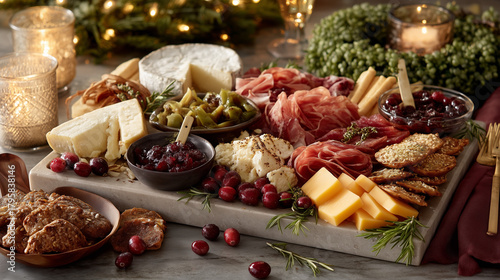 Gourmet Christmas cheese board, cranberry wreath, soft natural lighting