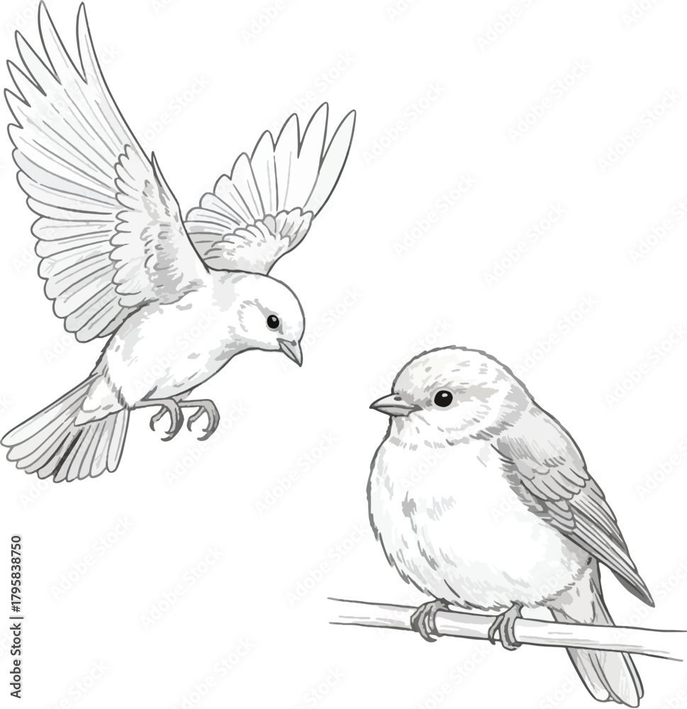 Obraz premium Two birds, one in flight and one perched on a branch